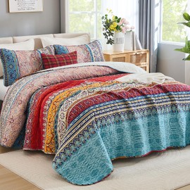 WONGS BEDDING Bohemian Quilt Set Queen Size, Boho Striped Pattern Bedspread Set for All Season, Microfiber Lightweight Coverlet Bedding Set 96"x90"(3 Pieces, Colorful)
