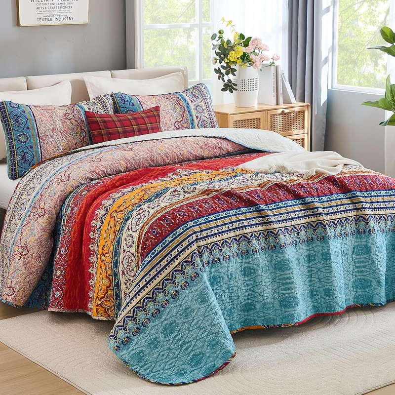 WONGS BEDDING Bohemian Quilt Set Queen Size, Boho Striped Pattern
