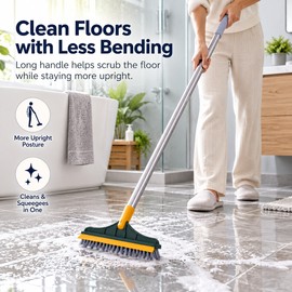 V-Shaped Floor Scrub Brush with Squeegee for Bathroom Cleaning – Long-Handle Hard Bristle Cleaner for Tile Gaps