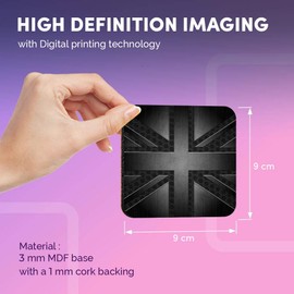 Destination Vinyl ltd Great Coasters (Set of 4) Square - BW - Grunge Black British Union Jack Flag Drink Glossy Coasters/Tabletop Protection for Any Table Type #43004