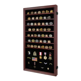 Verani Medals Display Case - Military Challenge Coin Display Shadow Box - Pin Display Cabinet with Removable Shelves and Pinnable Background for Badges Ribbons Insignia Buttons Overized Mahogany