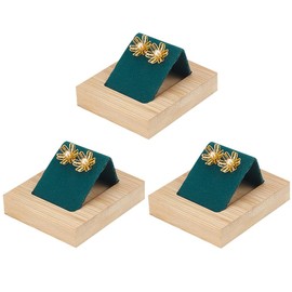 DELORIGIN 3pcs Wood Earrings Display Stand Wooden Base with Green Velvet Ear Stud Holder Jewelry Display Collectible Organizer Single Pair Earring Stand Storage for Women Selling Engagement Wedding