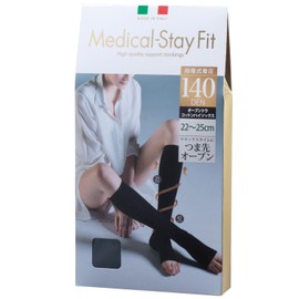 Medical-Stay Fit Compression Socks, Thinner, Beautiful Legs, Medical Stayfit, Open Toe, Cotton, High Socks, 140 Denier, 8.7 - 9.8 inches (22 - 25 cm), Black, Italy, Medical-Stay Fit, Strong Compression, Prevents Stuffiness, Just Put On