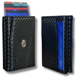 Trifold Travel Wallet for Men and Women | Pop Up Metal Aluminum | NFC RFID Blocking | Credit Card Holder | Cash Pocket | Leather Smart Wallet with Window ID | Gifts for Men and Women (CARBON FIBER)