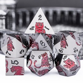 OGCOPHEN Metal DND Cat Dice 7PCS Polyhedral RPG Dice Set with Gift Case for Dungeons Dragons Role Playing Game, D and D Dice D6 D8 D10 D12 D20 D% (Grey Red)