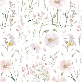Floral Peel and Stick Wallpaper Boho Contact Paper Self Adhesive Removable Wallpaper Pink Floral 17.3''x78.7'' White Wildflowers Wall Paper for Bedroom Bathroom Art Deco Wall Papers Vinyl Roll