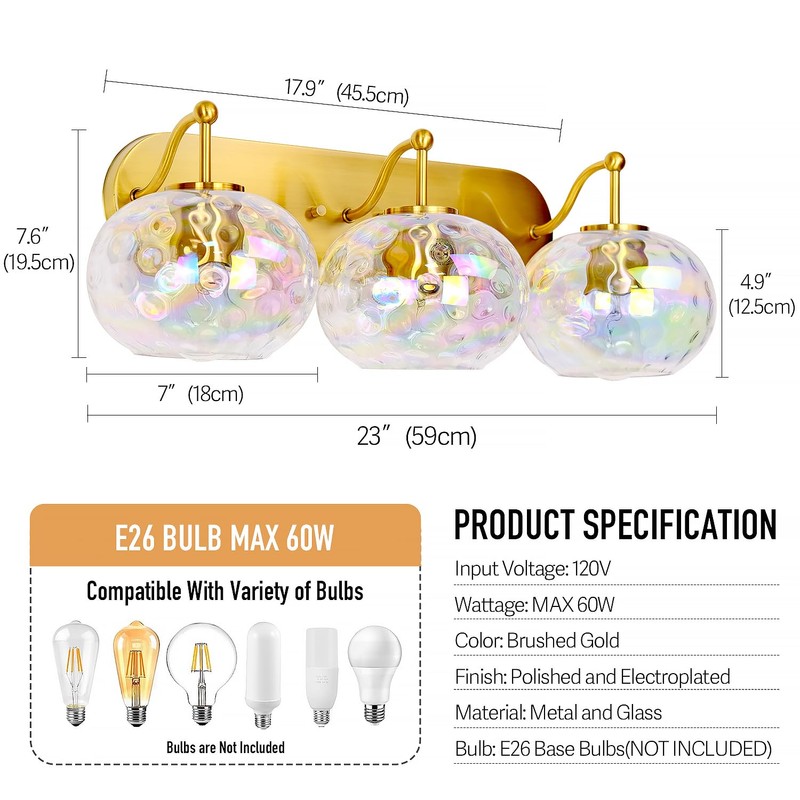 Wrlmfy 23" Brushed Gold Vanity Light Stained Hammered Glass Wall