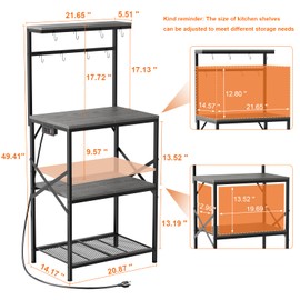Korfile Kitchen Bakers Rack with Power Outlet, Small Coffee Bar Cart 4 Tiers, Microwave Stand with 8 Hooks, Adjustable Shelf, Freestanding Kitchen Appliance Stand, Black Oak