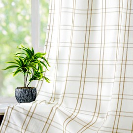 Amzdecor Buffalo Plaid Window Treatment Set,Light Filtering Curtain Woven Lines Pattern Drapes for Living Room and Bedroom, Semi Sheer Rod Pocket Modern Farmhouse Style 2 Panels 40"x95",Linen&White