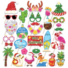30 Pcs Christmas Photo Booth Props Merry Christmas Photo Booth Props Tropical Christmas Party Supplies Beach Santa Holiday Party Photo Booth Props Hawaiian Christmas Decorations