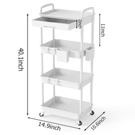 LLMRR 4 Tier Rolling Utility Cart with Drawer, Plastic Storage Organizer Rolling Carts with Wheels Handles Hanging Cups Hooks for Office, Bathroom, Kitchen,Craft Art Room (White)