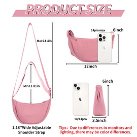 Nylon Crescent Crossbody Bag for Women Purses Trendy Men,Small Travel Sling Bag Hobo,Lightweight Fanny Pack with Zipper Adjustable Strap,Round Soft Shoulder Pouch Bag for Everyday Use Sport(Pink)
