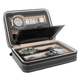 DODAMOUR 4 Slot Travel Watch Case, Vegan leather Watch Travel Storage Box Zipper Case, Portable Watch Holder Organizer for Men (Black)