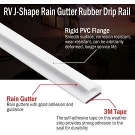 RV J-Shape Rain Gutter Rubber Drip Rail 40Ft with Gutter Spouts, 1/2 Inch RV Trim Molding, Weather Stripping, Roof Rain Diverter Fit for Car, Truck, Boat and Home Application (White)