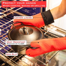 EHOMEA2Z Silicone Oven Mitts Pot Holders Heat Resistant Extra Long 2 Pcs Kitchen Cooking BBQ Red (14.5, Red)