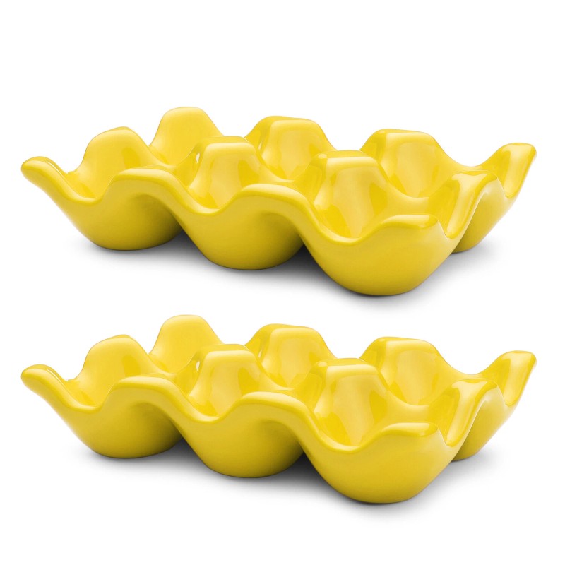 Ceramic Egg Tray 6-Cup Egg Holder Container for Fridge (Yellow,
