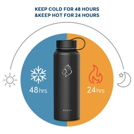 BUZIO Stainless Steel Water Bottle (Cold for 48 Hrs, Hot for 24 Hrs), 40 oz Vacuum Insulated Water Bottle with Straw Lid and Flex Cap (Double Wall, Wide Mouth, BPA Free, Leak Proof, Sweat Free), Black