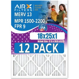 18x25x1 Air Filter MERV 13 Rating, 12 Pack of Furnace Filters Comparable to MPR 1500-2200 & FPR 9 - Made in USA by AIRX FILTERS WICKED CLEAN AIR.