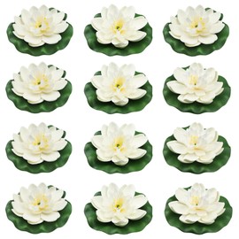 QUOZUO 12pcs Artificial Floating Foam Lotus Flowers with Lily Pads, Artificial Pond Plants Flowers Ornaments for Pool Aquarium Decoration, White