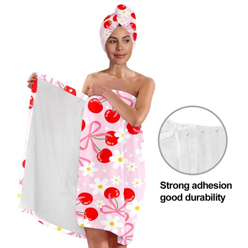 QIULIBMH Cherry Print Bath Wrap with Matching Hair Drying Cap