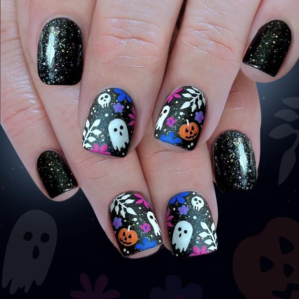24 Pcs Square Press on Nails Halloween Short Fake Nails