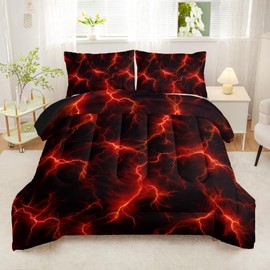 QOOMO Red Lightning Comforter Set Queen Size,Modern Neon Glowing Comforter Set for Kids Boys Girls Teens Home Decor,Soft Microfiber Bedding Sets,1 Comforter Set 2 Pillowcases