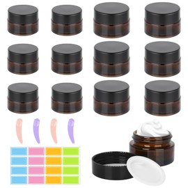 Pack of 12 Amber Glass Empty Jars, 20 ml/30 ml Amber Empty Cream Jars, Brown Glass Cream Jars Empty with Spatula and Stickers, Refillable Cream Jars, Brown Glass Container for Lotion Cosmetics