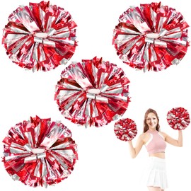 HOLENGS 4Pcs Upgraded 12inch Metallic Cheerleading Pom Poms, Cheerleader Pompoms Cheer Poms for Kids Adults, Cheering Squad Pompoms for School Sports Games Dance Party (Red and Silver)
