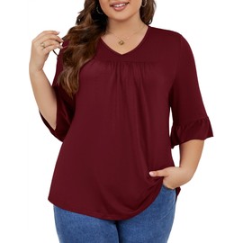 Micoson Christmas Shirts Plus Size Women V Neck Ruffle Half Sleeve Blouse Loose Casual Babydoll Tops, Burgundy 3XL