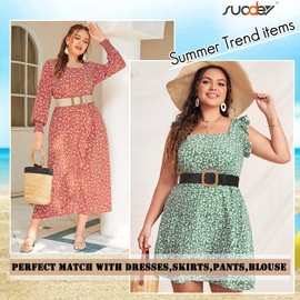 SUOSDEY Pack of 2 Straw Woven Elastic Stretch Waist Belt for Women Summer Boho Wide Waist Dress Band Braided Belt, E.Black + Beige