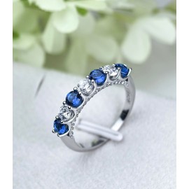 925 Sterling Silver Birthstone Rings for Women with Created Gemstone Wedding Band Stackable Half Eternity 7 Stone Birthday Anniversary Ring Jewelry for Her, Stone, Created Blue Sapphire