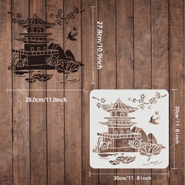 FINGERINSPIRE Oriental Pagoda Stencil 11.8x11.8inch Ancient Tower Stencil Cutout Drawing Templates Architecture Cherry Blossoms Swallow Lotus Leaf Hills Branch Painting Stencil for Home Decoration