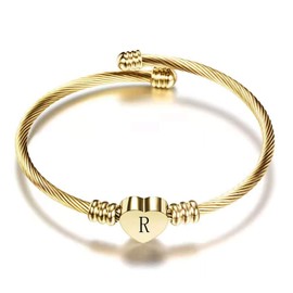 KunBead Jewelry Women Girls Initial Letter R Cuff Bracelet Gold Alphabet Love Heart Bangle Bracelets Gift for Birthday Stainless Steel