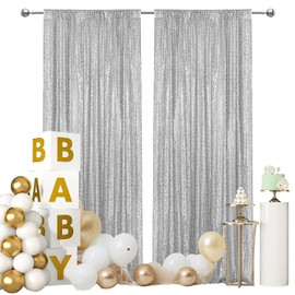 VOK Silver Sequin Backdrop Curtains 2 Panels 2FTx8FT Glitter Photography Background for Wedding Birthday Christmas Party Decorations