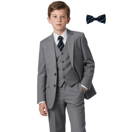 Boys Gray Suit for Wedding Dress Kids Tuxedo Suits Size 10 Big Boy Jacket Vest and Pants Set Formal Wear Graduation Outfit with White Shirt Bowtie