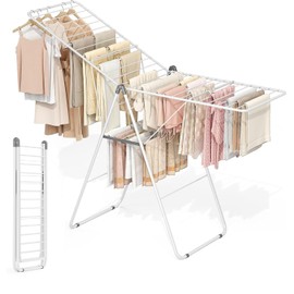 APEXCHASER Clothes Drying Rack, Foldable Drying Rack Clothing, Sturdy Metal Laundry Drying Rack, Height-Adjustable Gullwing, Easy to Fold, Space-Saving, for Indoor Outdoor, White