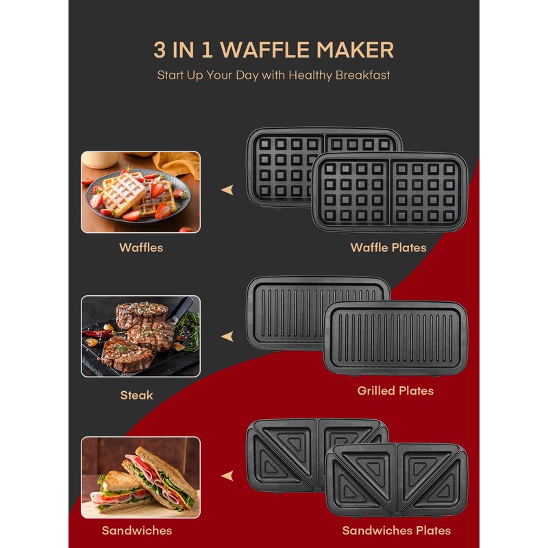 FOHERE Waffle Maker 3 in 1 Sandwich Maker 1200W Panini