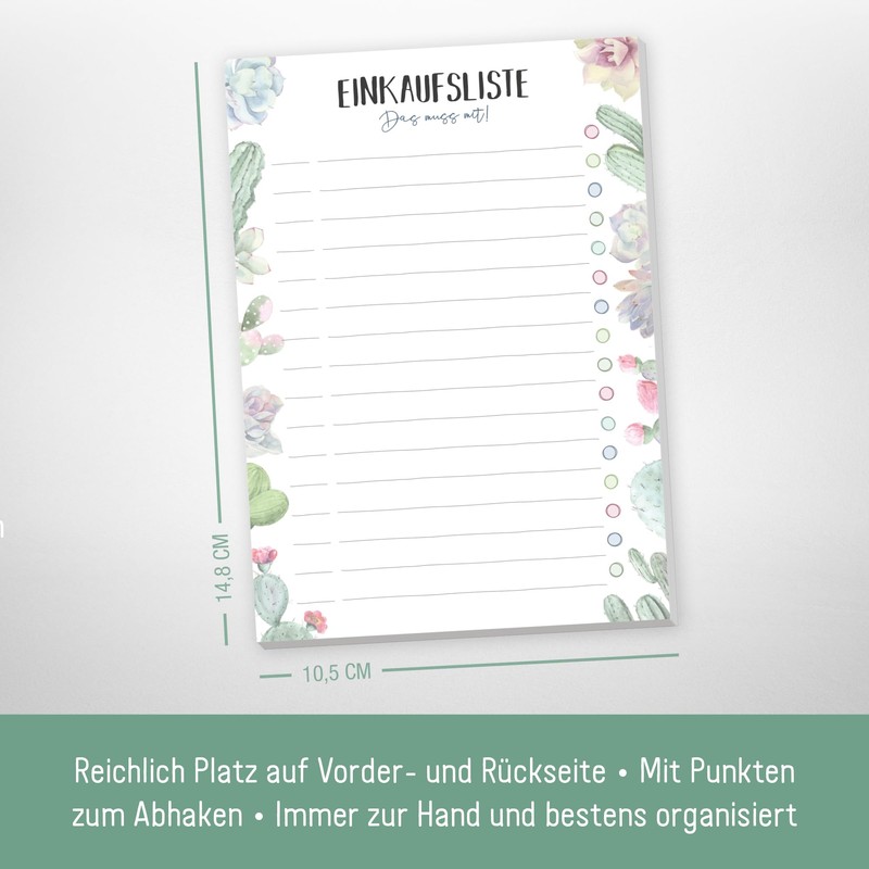 paper&you® A6 Shopping List Pad [Cacti] with 50 Tear-Off Sheets