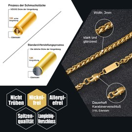 VEXXS Link Chain Men's Gold Chain, 18 K Gold Plated Men's Chain, 3/4 mm Necklace for Men, Jewellery Gift, 46-66 cm, Stainless Steel
