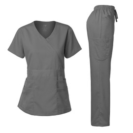 Dagacci Medical Uniform Women's Scrubs Set Stretch Ultra Soft Y-Neck Wrap Top and Pants Pewter Gray M