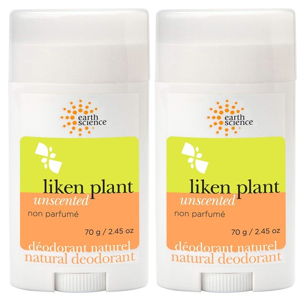 Earth Science Liken Plant Unscented Deodorant (Pack of 2) With Sage Leaf Extract and Lichen Extract, 2.45 oz. Each