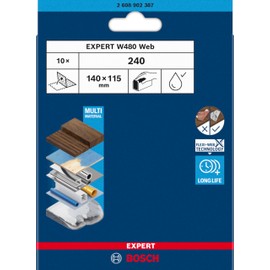 Bosch 10 x Expert W480 Web 1/4 Hand Sanding Sheets (for Hardwood, Paint on Wood, Diameter 115 x 140 mm, Grit 240, Professional Accessories Hand Sanding)