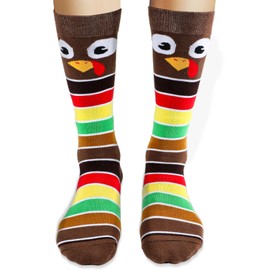 Lonfliness 2Pairs Thanksgiving Woven Knee-High Socks Turkey Socks With Stripes Fun Turkey Trot Running Sock Thanksgiving Holiday Sock Novelty Fall stocking for Women Men Thank You Gift (Brown)