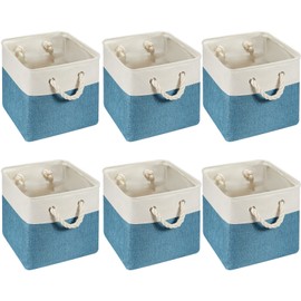 Geiserailie 6 Pcs 11 x 11 Inch Cube Storage Bins Fabric Cube Storage Organizer Bins Foldable Storage Baskets with Sturdy Carry Handles Multipurpose Storage for Home(Light Blue, White)