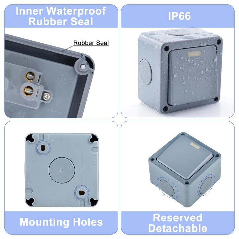 Weatherproof Electrical Outdoor Switch, Single Wall Light Switch IP66 Waterproof,