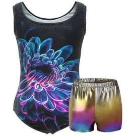 MOLLDAN - Maillot de gimnasia para niñas, Conjunto de flores negras, 9Y(9-10 Years)
