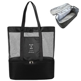 AKARAT 2-IN-1 Waterproof Mesh Beach Bag With Cooler Compartment for Women and Family for Beach, Pool, Sports,Picnics (black)