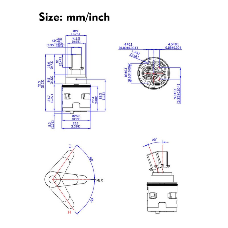 Hain-Yo GL12TD 25mm Ceramic Faucet Cartridge, Single Lever Replacement Part,