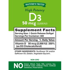 Nature's Truth Vitamin D3 2000 IU | 300 Softgels | High Potency| Non-GMO, Gluten Free Supplement