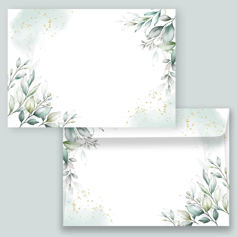 Letter Paper / Envelope Set Elegant in Green with Leaves